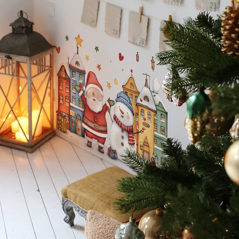 Pegatinas de Pared de Pueblo de Navidad en PVC Dibujos Animados Papá Noel Muñeco de Nieve Calcomanías para Ventana Hogar