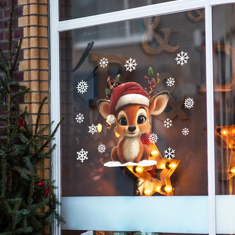 Pegatina de Ventana de Navidad Ciervo y Copo de Nieve Calcomanía de PVC Estática Reutilizable Decoración del Hogar