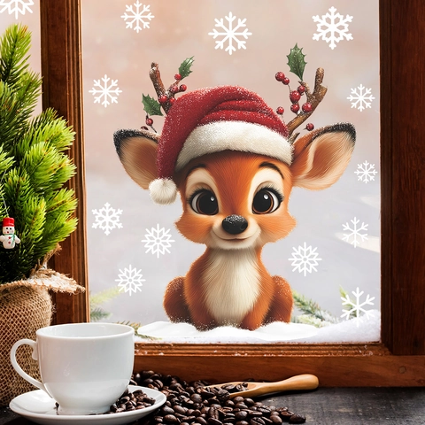 Pegatina de Ventana de Navidad Ciervo y Copo de Nieve Calcomanía de PVC Estática Reutilizable Decoración del Hogar