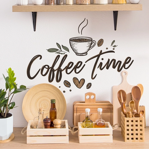 Coffee Time Slogan Wall Sticker With Coffee Cup Beans Pattern PVC Decal For Kitchen Cafe Restaurant Dining Room Decoration