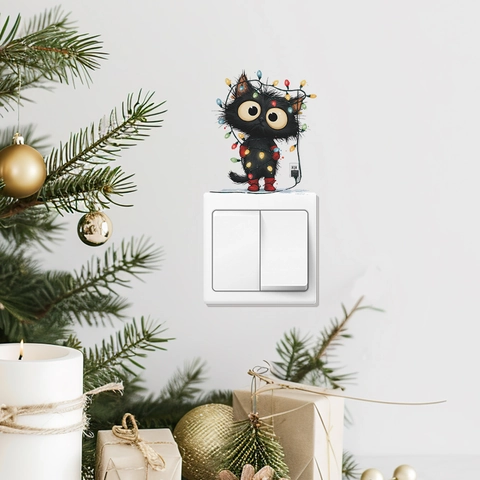 Christmas Cartoon Black Cat Switch Sticker PVC Waterproof Wall Decal Wrapped In Fairy Lights Festival Home Decor