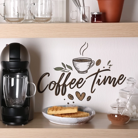 Coffee Time Slogan Wall Sticker With Coffee Cup Beans Pattern PVC Decal For Kitchen Cafe Restaurant Dining Room Decoration