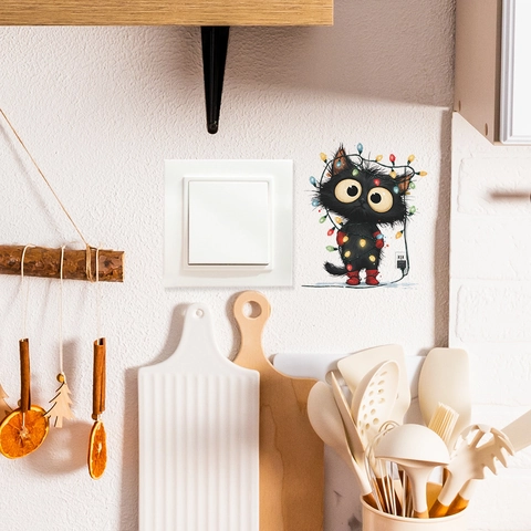 Christmas Cartoon Black Cat Switch Sticker PVC Waterproof Wall Decal Wrapped In Fairy Lights Festival Home Decor