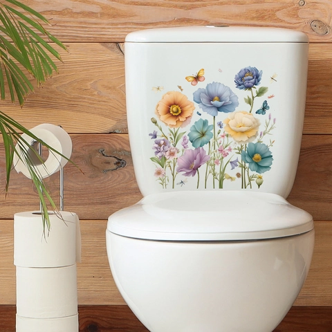 Autocollant de Couvercle de Toilette Fleurs et Papillons en PVC Imperméable Amovible Auto-adhésif Décoration de Salle de Bain
