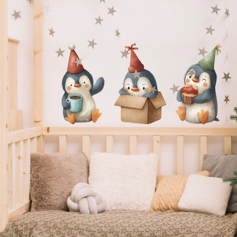 Cartoon Penguin Wall Stickers PVC Watercolor Animal Decals For Kids Room Bedroom Decoration DIY Festive Penguin Wall Art