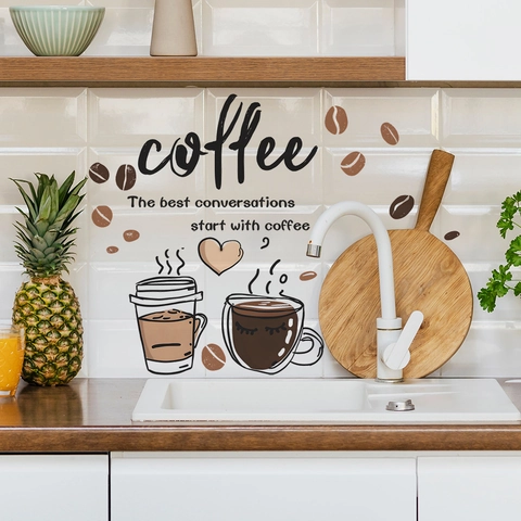 Coffee Theme Wall Sticker PVC Decorative Decal The Best Conversations Start With Coffee Quote Coffee Beans For Kitchen Cafe