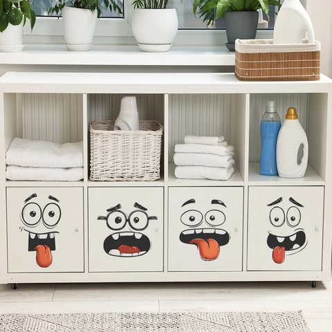 Grappige Cartoon Expressie DIY PVC Stickers Verwijderbaar Waterdicht Decoratieve Stickers Voor Prullenbak Kast Garderobe