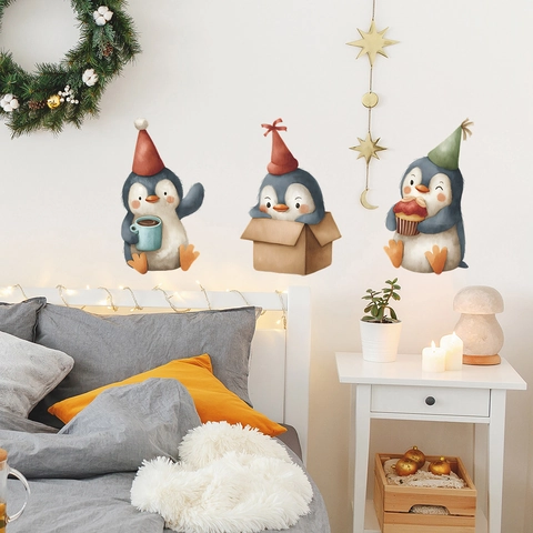 Cartoon Penguin Wall Stickers PVC Watercolor Animal Decals For Kids Room Bedroom Decoration DIY Festive Penguin Wall Art