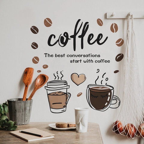 Coffee Theme Wall Sticker PVC Decorative Decal The Best Conversations Start With Coffee Quote Coffee Beans For Kitchen Cafe