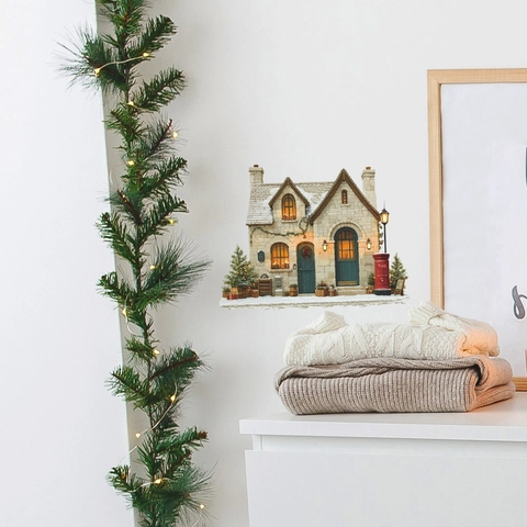 Vintage Christmas Snowy Cottage Wall Sticker PVC Removable Winter Holiday Atmosphere Wall Decal For Living Room Home Decoration