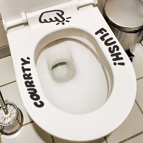 Adesivo per Coperchio del Gabinetto in PVC Nero Minimalista Moderno Scritta COURRTY FLUSH Gesto della Mano Adesivo Impermeabile per Bagno