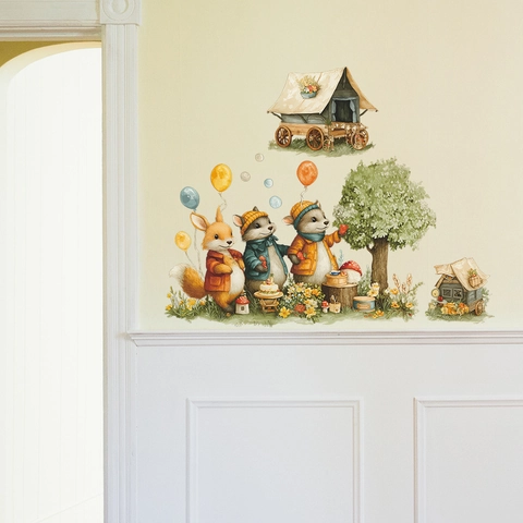 Cartoon Waldtiere Wandaufkleber Fuchs Waschbär Ballon Kutsche Muster Für Kinderzimmer Babyzimmer Wohnkultur PVC Wandtattoo