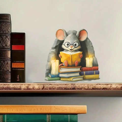 3D Creative Cartoon Mouse Reading Books In Hole Wall Sticker PVC Animal Decal For Living Room Bedroom Study Home Decoration