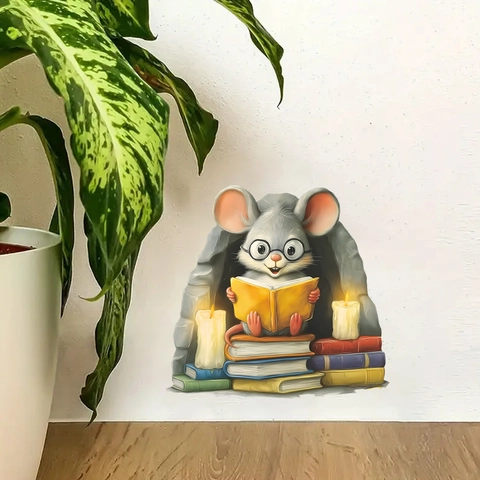 3D Creative Cartoon Mouse Reading Books In Hole Wall Sticker PVC Animal Decal For Living Room Bedroom Study Home Decoration