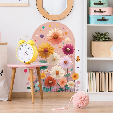 Painted Daisy Flower Arch Wall Sticker PVC Floral Pattern Colored Dots Decal For Living Room Bedroom Home Decor
