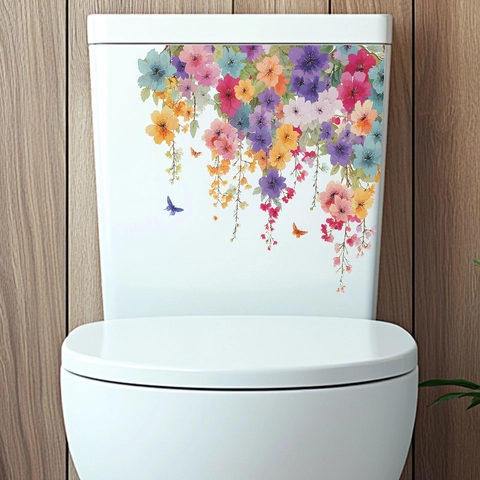 Adesivo per WC in PVC con Motivo Floreale e Farfalle Rimovibile Impermeabile Autoadesivo per Bagno Stile Fresco Decorazione Casa