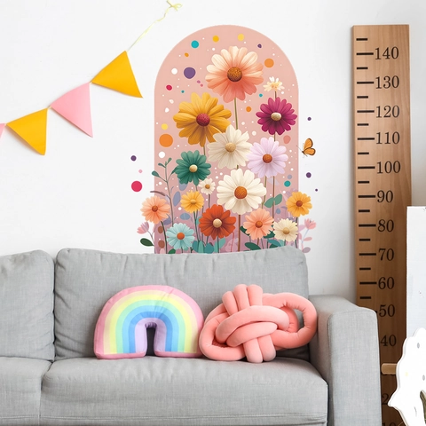 Painted Daisy Flower Arch Wall Sticker PVC Floral Pattern Colored Dots Decal For Living Room Bedroom Home Decor