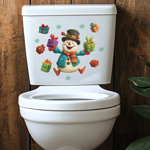 Kerstmis Grappige Sneeuwpop Toiletsticker PVC Waterdicht Verwijderbaar Cartoon Geschenkdoos DIY Badkamer Muur Decoratie