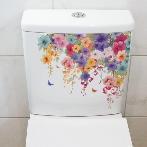 Adesivo per WC in PVC con Motivo Floreale e Farfalle Rimovibile Impermeabile Autoadesivo per Bagno Stile Fresco Decorazione Casa