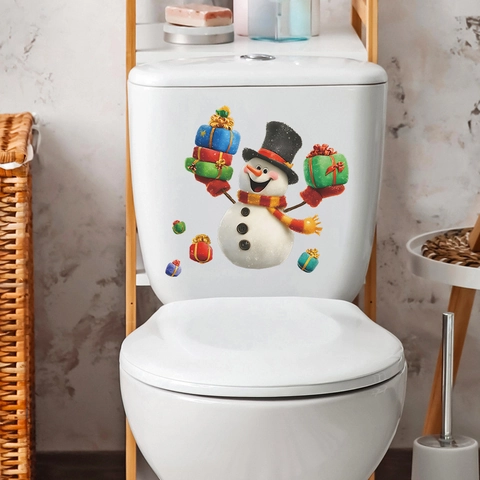 Kerstmis Sneeuwpop Toiletsticker Verwijderbaar PVC Cartoon Sticker Voor Badkamer Decoratie Gekleurde Cadeaudozen Wanddecoratie