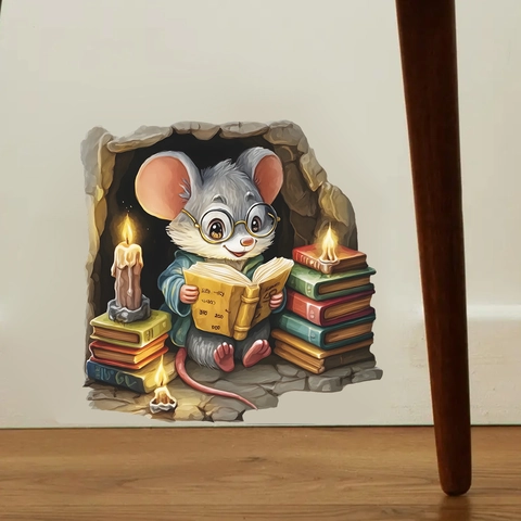 3D Mouse Hole Wall Sticker Cartoon Reading Mouse In Stone Cave PVC Decal For Kids Room Living Room Bedroom Home Decoration