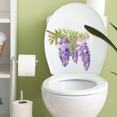 Pegatina de Inodoro con Flor de Glicina Púrpura PVC Autoadhesiva Impermeable Calcomanía de Pared para Baño Decoración Floral para el Hogar
