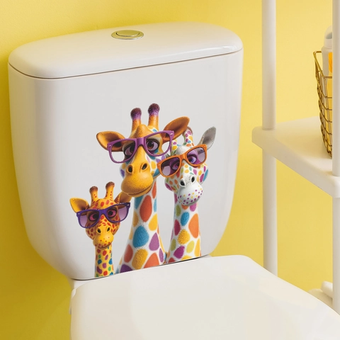 Pegatina de Inodoro de Baño Jirafa de Dibujos Animados Con Gafas de Sol Calcomanía de Pared Impermeable de PVC para Hogar