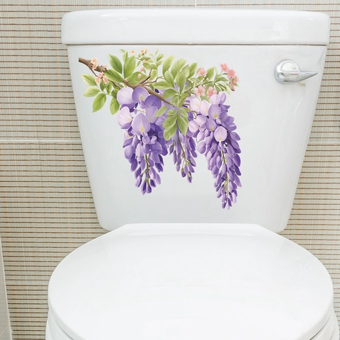 Pegatina de Inodoro con Flor de Glicina Púrpura PVC Autoadhesiva Impermeable Calcomanía de Pared para Baño Decoración Floral para el Hogar