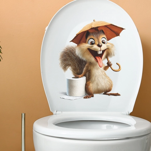 Pegatina de Inodoro Creativa Ardilla de Dibujos Animados Con Paraguas Impermeable PVC 3D Animal Calcomanía de Pared Para Baño