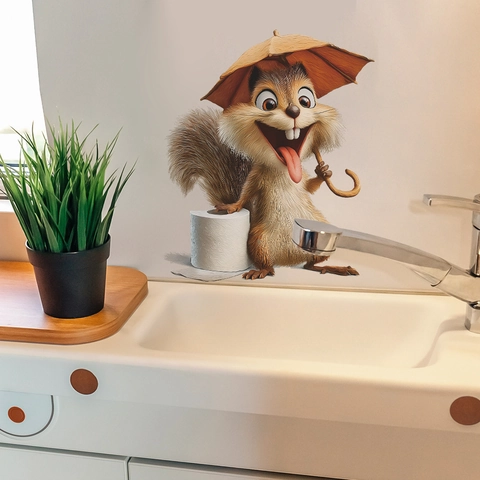 Pegatina de Inodoro Creativa Ardilla de Dibujos Animados Con Paraguas Impermeable PVC 3D Animal Calcomanía de Pared Para Baño