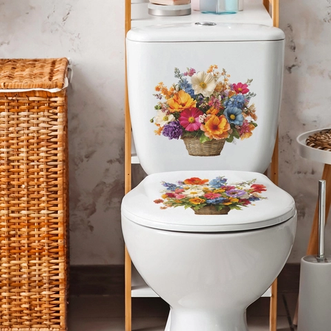 Removable PVC Floral Basket Toilet Lid Stickers Decorative Flower Wall Decals For Bathroom Restroom Home Decoration