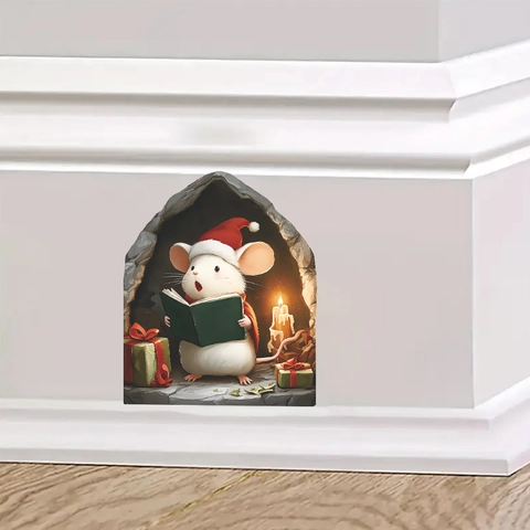 Pegatina de Pared 3D Agujero de Ratón de Navidad PVC Extraíble Dibujos Animados Ratón Leyendo Libro Calcomanía para Hogar Dormitorio Sala
