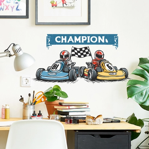 Cartoon Rennwagen Wandaufkleber Für Kinderzimmer PVC Abnehmbar Selbstklebend Champion Banner Rennsport Wandtattoo