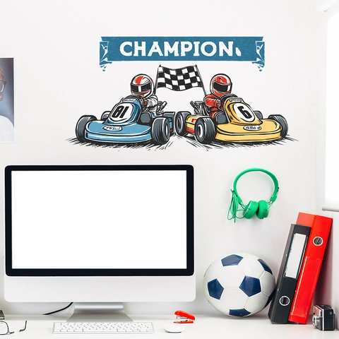 Cartoon Rennwagen Wandaufkleber Für Kinderzimmer PVC Abnehmbar Selbstklebend Champion Banner Rennsport Wandtattoo