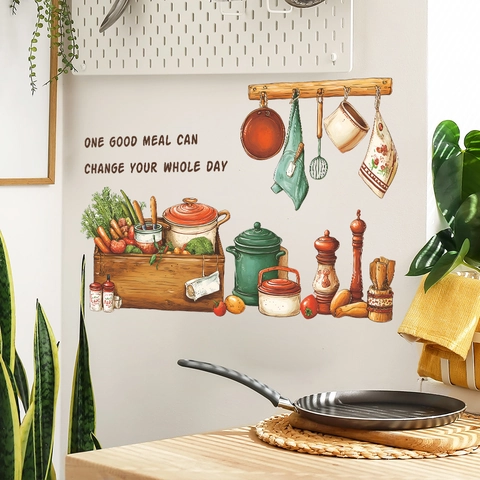 Hand Drawn Cartoon Kitchen Utensils Vegetables PVC Wall Sticker Waterproof Fridge Decal Quote For Dining Room Home Decor