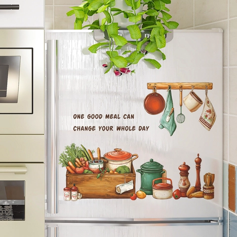 Hand Drawn Cartoon Kitchen Utensils Vegetables PVC Wall Sticker Waterproof Fridge Decal Quote For Dining Room Home Decor