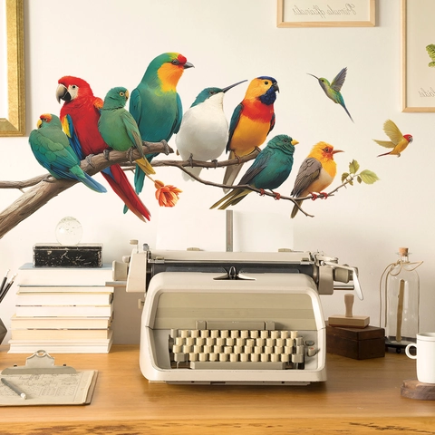 Colorful Tropical Parrot And Hummingbird Wall Stickers Waterproof PVC Branch Wall Decals For Living Room Bedroom Home Decor