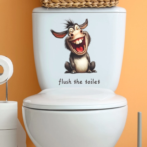 Autocollant PVC Drôle d'Âne qui Rit Signe Flush The Toilet Amovible Auto-Adhésif Animal de Dessin Animé Décalcomanie pour Salle de Bain