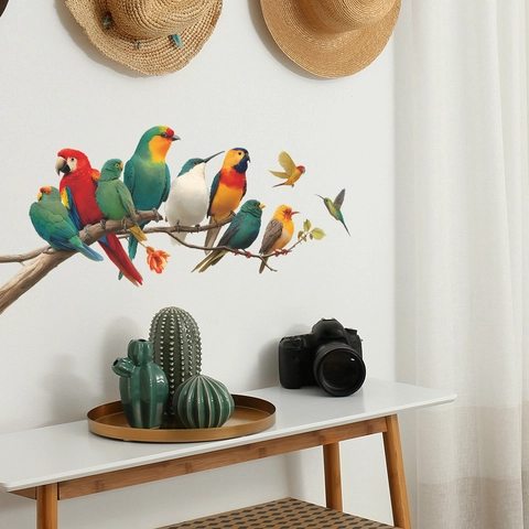 Colorful Tropical Parrot And Hummingbird Wall Stickers Waterproof PVC Branch Wall Decals For Living Room Bedroom Home Decor