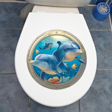 Adesivo da Parete 3D Oblò Delfino Mondo Sottomarino PVC Autoadesivo Rimovibile per Bagno Gabinetto Vasca da Bagno Decorazione
