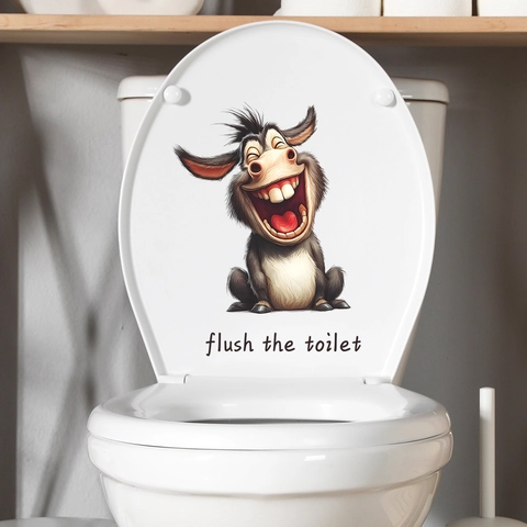 Autocollant PVC Drôle d'Âne qui Rit Signe Flush The Toilet Amovible Auto-Adhésif Animal de Dessin Animé Décalcomanie pour Salle de Bain