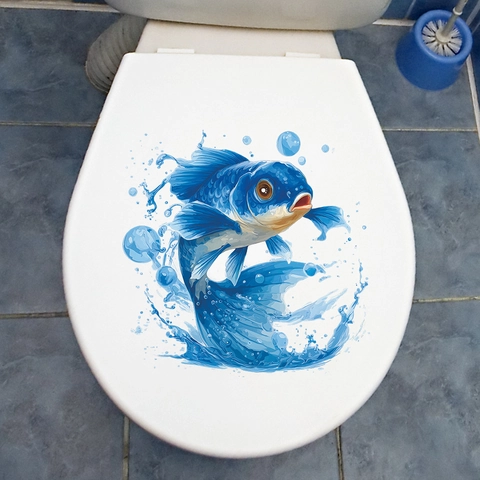 Pegatina de Pared de Pez Azul Saltando PVC Removible Calcomanía Decorativa para Tapa de Inodoro Salpicaduras de Agua Decoración Moderna