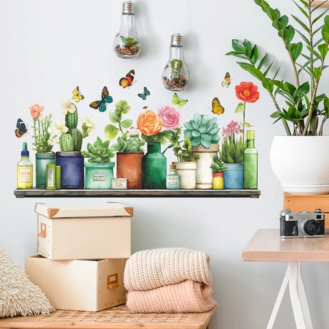 Pegatinas de Pared Creativas de Acuarela Plantas Suculentas en Maceta y Mariposas PVC Removibles Calcomanías para Baño Estudio Hogar