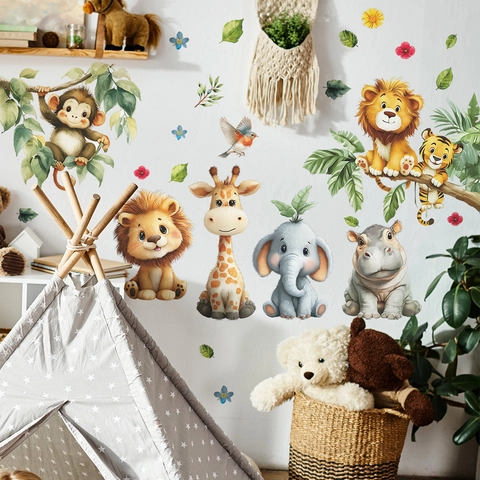 Watercolor Cartoon Jungle Forest Animals Wall Stickers Lion Giraffe Elephant Leaves PVC Decals For Kids Nursery Home Decor