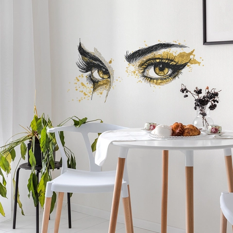 Autocollant Mural Artistique Moderne Yeux Femme Ombre à Paupières Dorée Sticker Décoratif PVC pour Salon Chambre Décoration Murale Maison