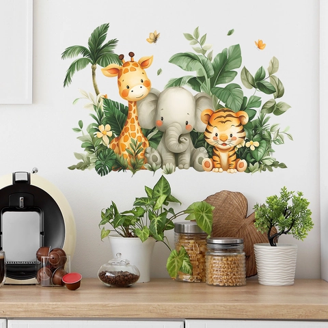 Cartoon Dschungel Tiere Wandaufkleber Giraffe Elefant Tiger Tropische Palmblätter PVC Wandbilder Für Kinderzimmer Deko