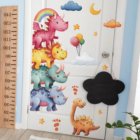 Mignons Autocollants Muraux Dinosaures Dessins Animés Étoile Lune PVC Amovibles Auto-Adhésifs Décoration Murale Chambre d'Enfant