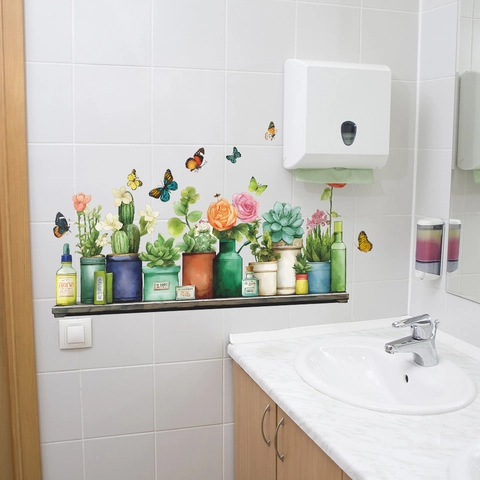 Pegatinas de Pared Creativas de Acuarela Plantas Suculentas en Maceta y Mariposas PVC Removibles Calcomanías para Baño Estudio Hogar