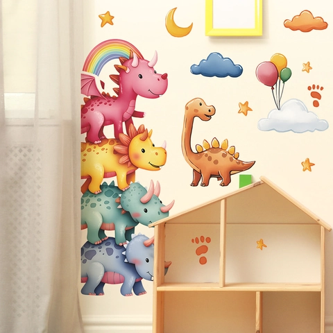 Mignons Autocollants Muraux Dinosaures Dessins Animés Étoile Lune PVC Amovibles Auto-Adhésifs Décoration Murale Chambre d'Enfant