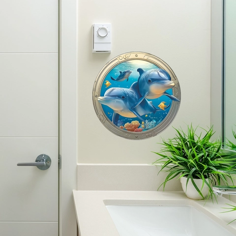 Adesivo da Parete 3D Oblò Delfino Mondo Sottomarino PVC Autoadesivo Rimovibile per Bagno Gabinetto Vasca da Bagno Decorazione